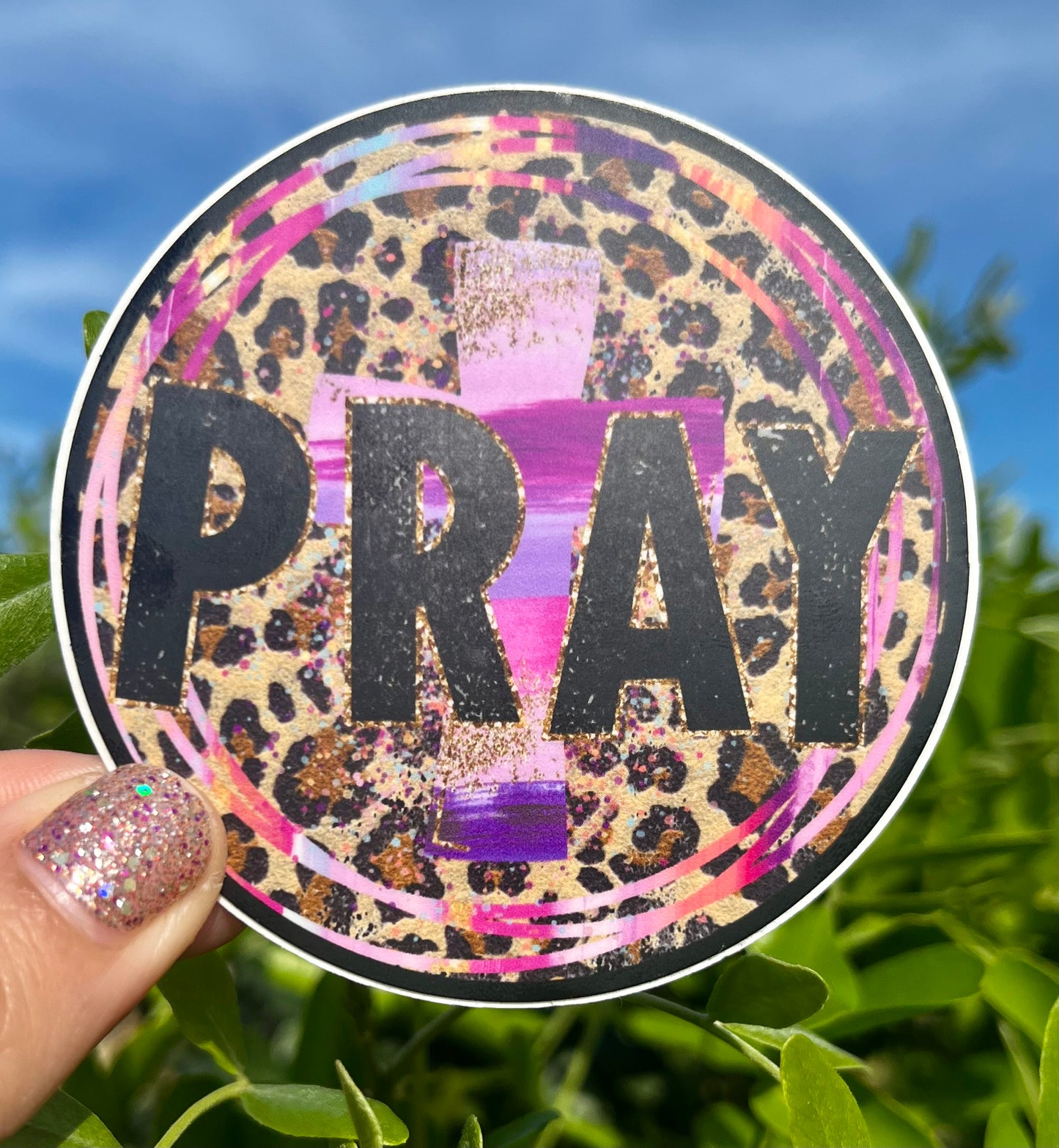 Pray Pink Cheetah Round Sticker