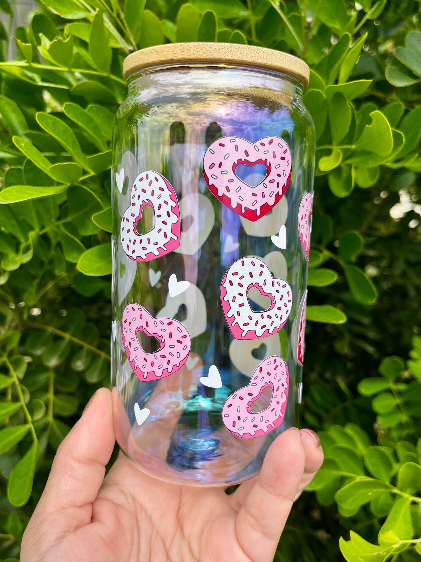 Sprinkled Heart Donuts Glass Can 16 oz